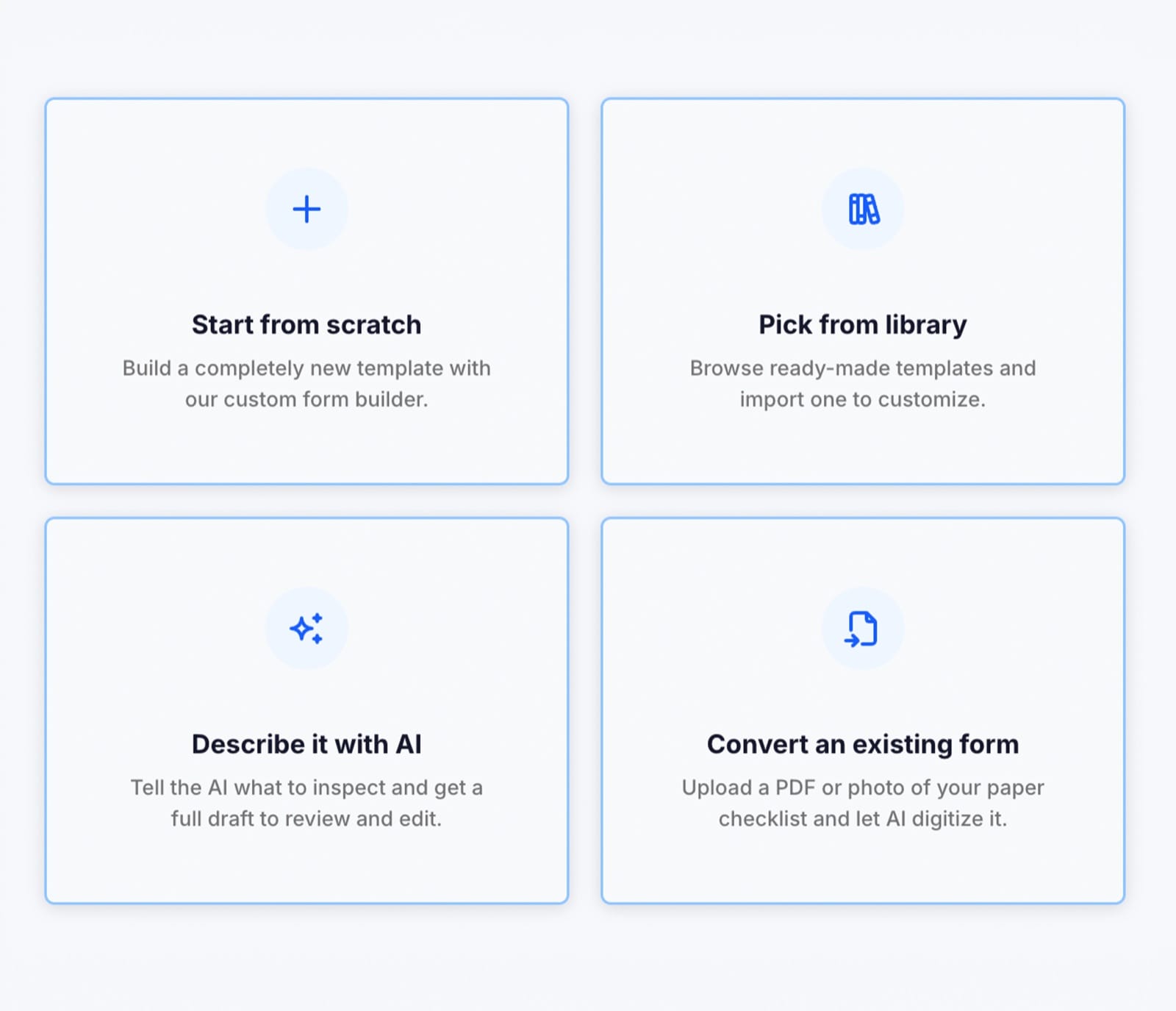 The checklist builder, with sections and questions arranged by dragging