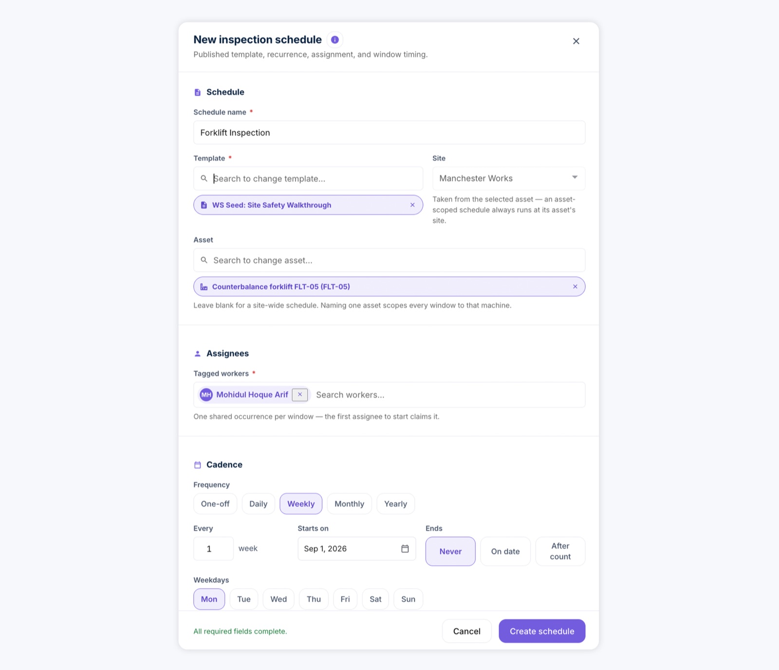 Inspection scheduling, with recurrence set per site